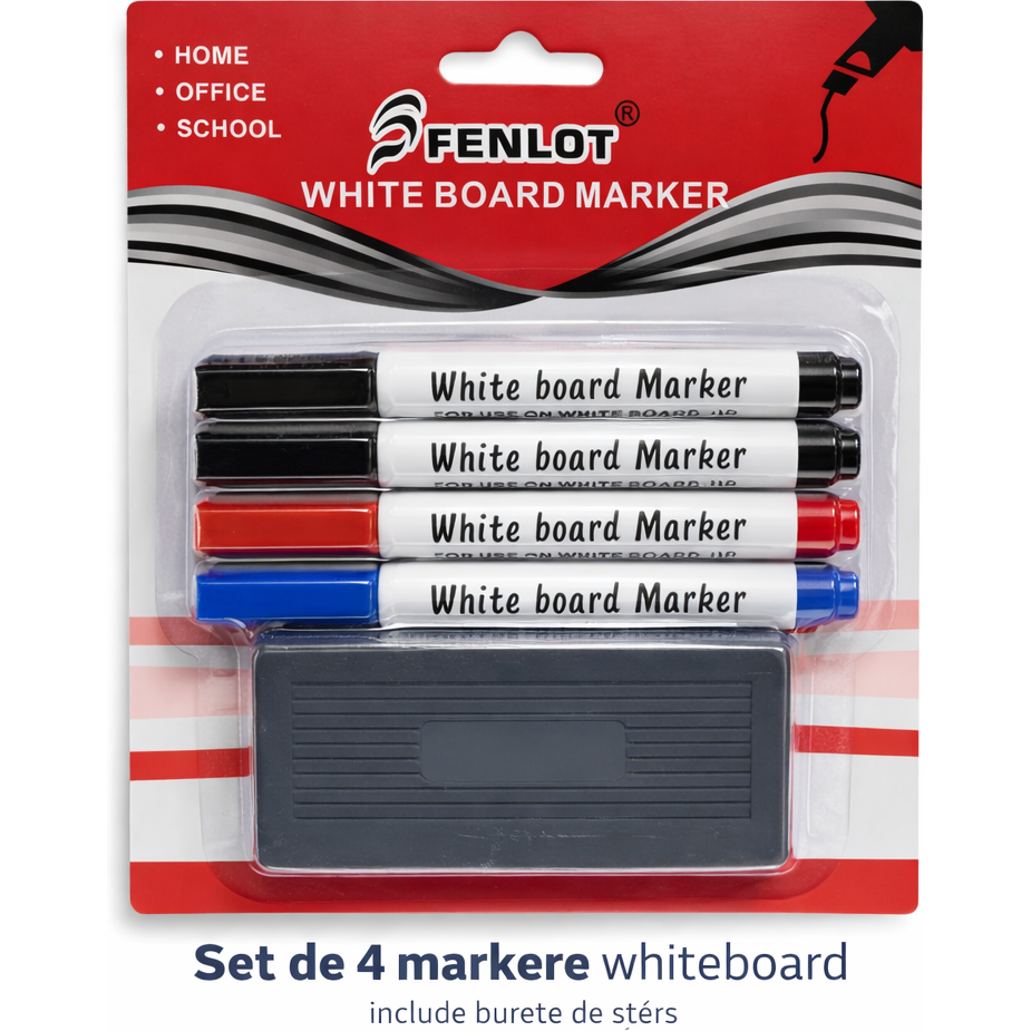 Marker whiteboard 1 cap, 4 buc-set cu burete